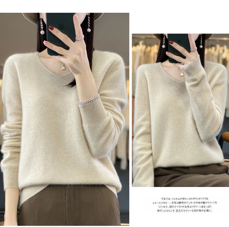 100% Merino puro lã V-neck outono e inverno pulôver, moda coreana nova camisola de caxemira macia, top quente de malha casual feminino