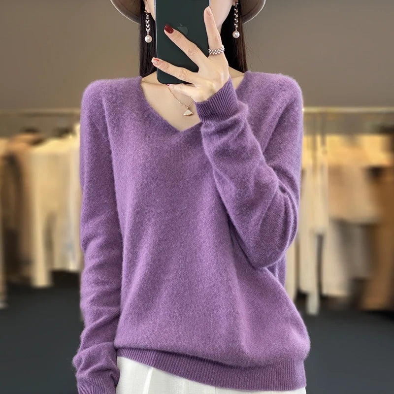 100% Merino puro lã V-neck outono e inverno pulôver, moda coreana nova camisola de caxemira macia, top quente de malha casual feminino