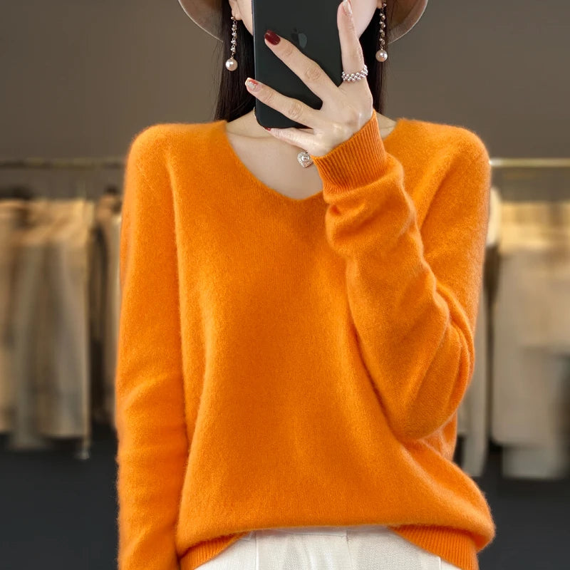 100% Merino puro lã V-neck outono e inverno pulôver, moda coreana nova camisola de caxemira macia, top quente de malha casual feminino