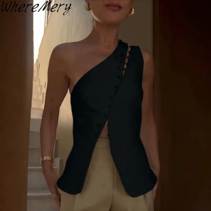 WhereMery Sexy Off Shoulder Hollow Out Top Vintage Sleeveless Solid Backless Vest Summer Daily Street Party Spice Girls Camisole