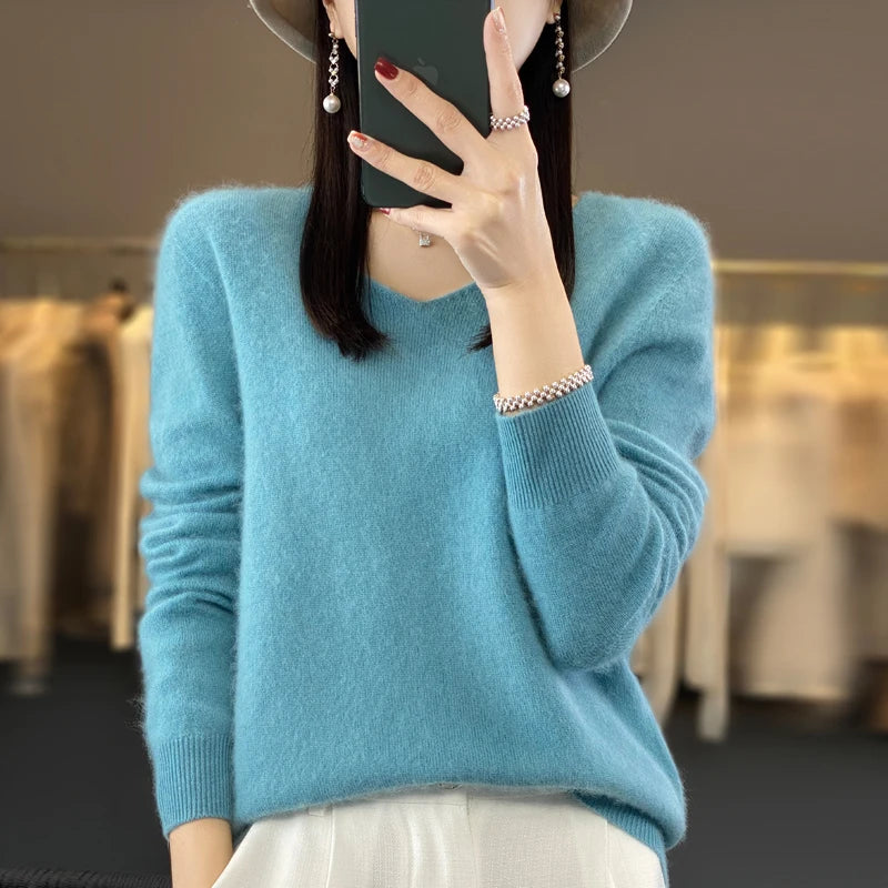 100% Merino puro lã V-neck outono e inverno pulôver, moda coreana nova camisola de caxemira macia, top quente de malha casual feminino