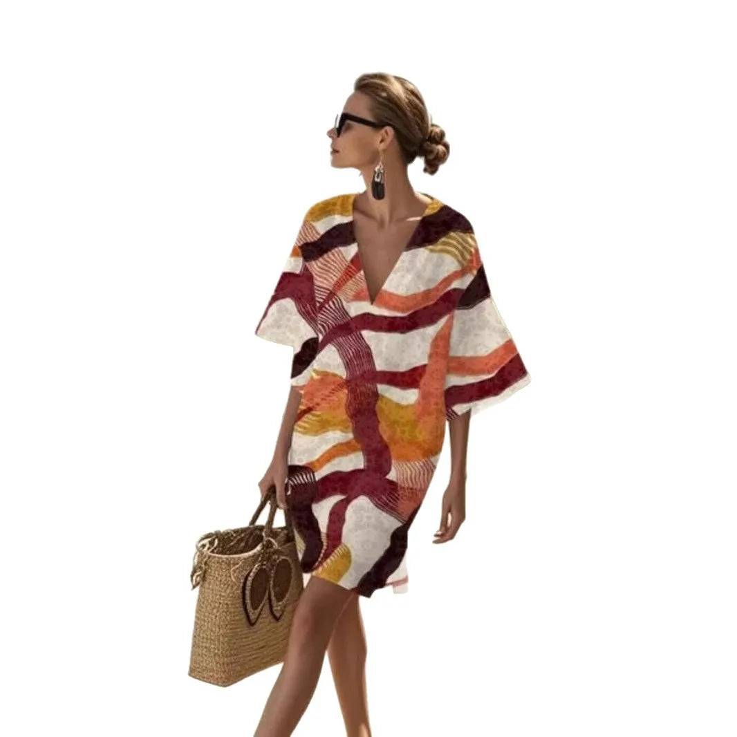 Elegant Fashion V-neck Vintage Casual loose Beach Dresses 2025 Elbow Sleeve Basic Bohemian Dress Vacation Women's Streetwear