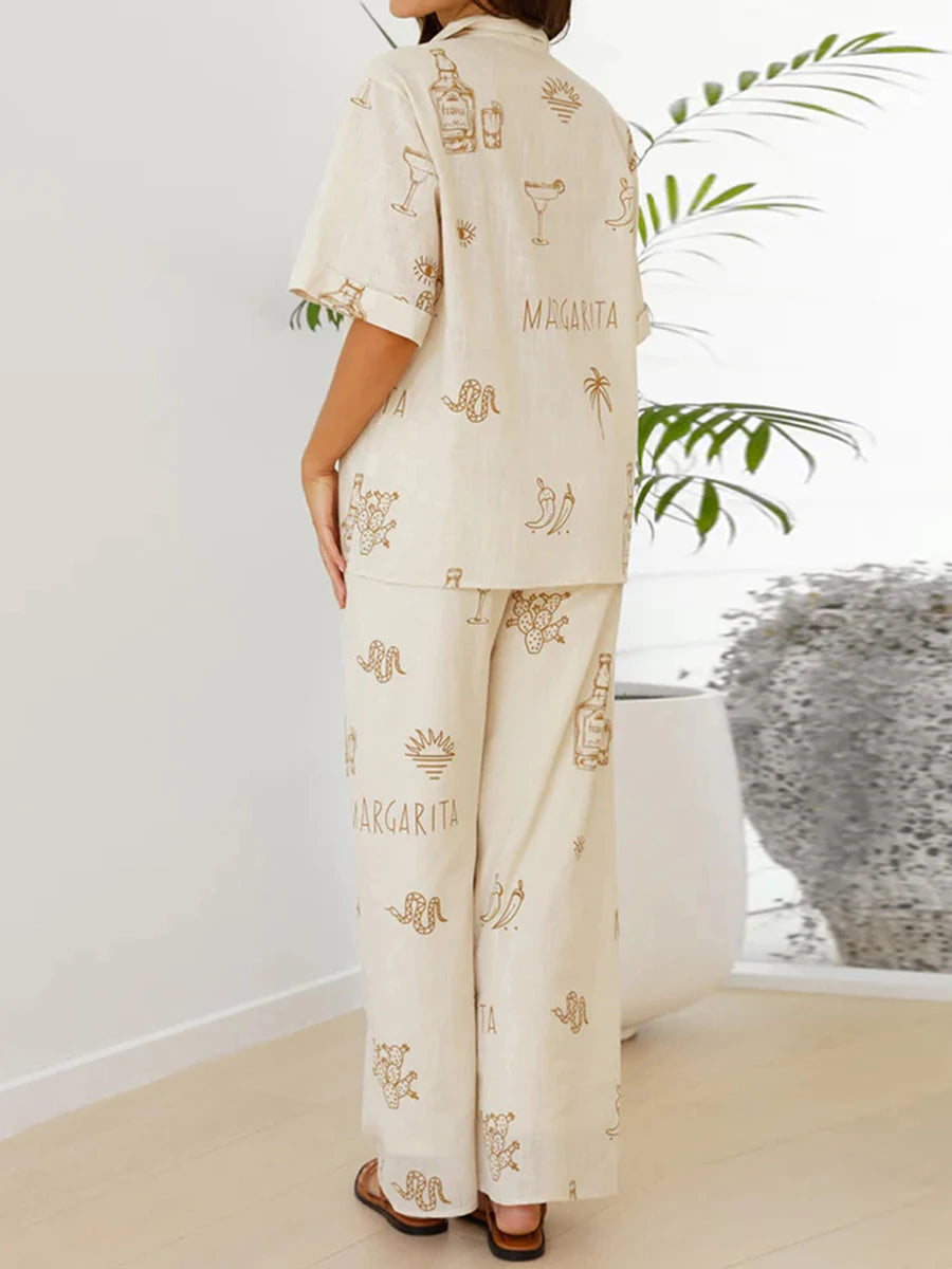 Conjunto Feminino 2 Peças Estampas Digitais Blusa Manga Curta Calças Largas - Penélope Cruz