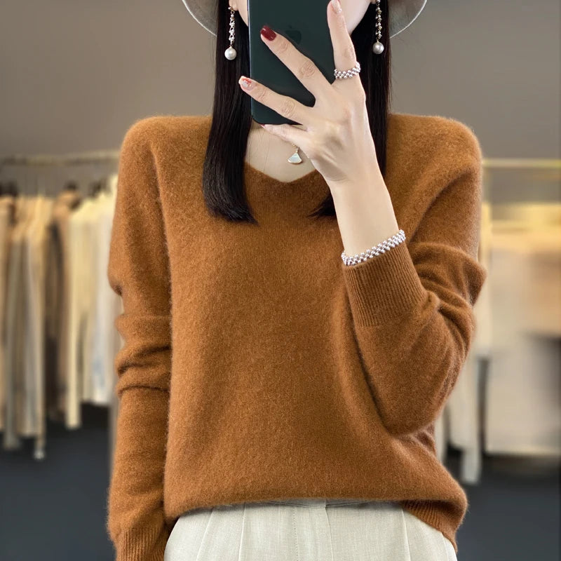 100% Merino puro lã V-neck outono e inverno pulôver, moda coreana nova camisola de caxemira macia, top quente de malha casual feminino