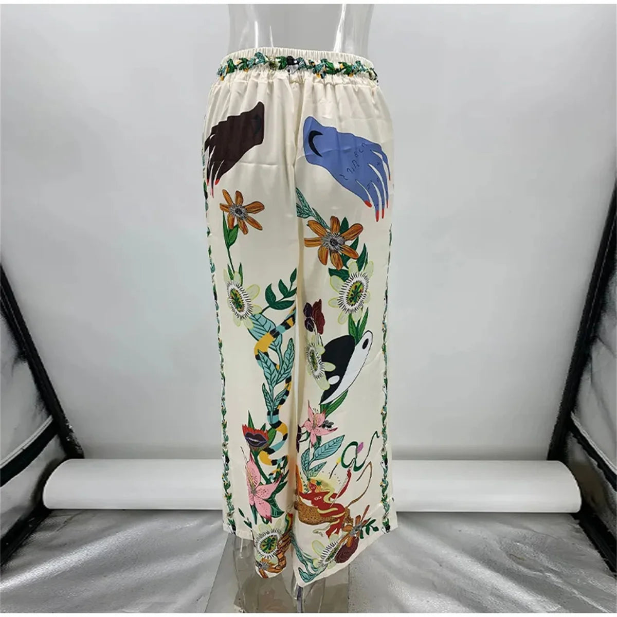 Conjuntos de calças compridas com estampa qui para mulheres, meia manga de lapela, camisas de peito único, rendas de cintura alta, calças de perna larga, streetwear