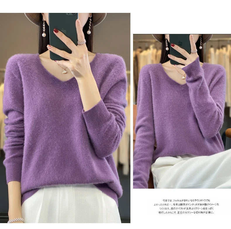 100% Merino puro lã V-neck outono e inverno pulôver, moda coreana nova camisola de caxemira macia, top quente de malha casual feminino