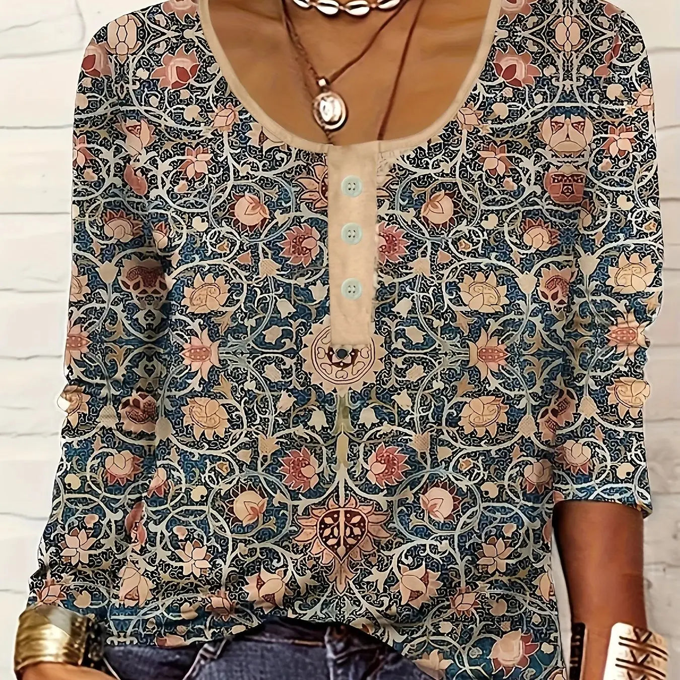 Autumn thin button ethnic print plus size women's long-sleeved T-shirt