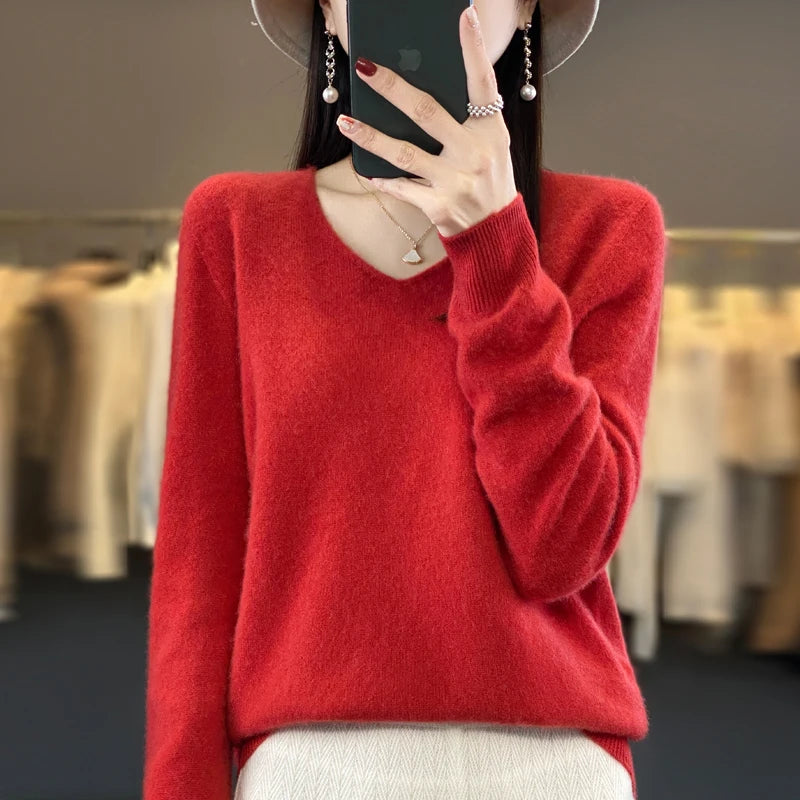 100% Merino puro lã V-neck outono e inverno pulôver, moda coreana nova camisola de caxemira macia, top quente de malha casual feminino