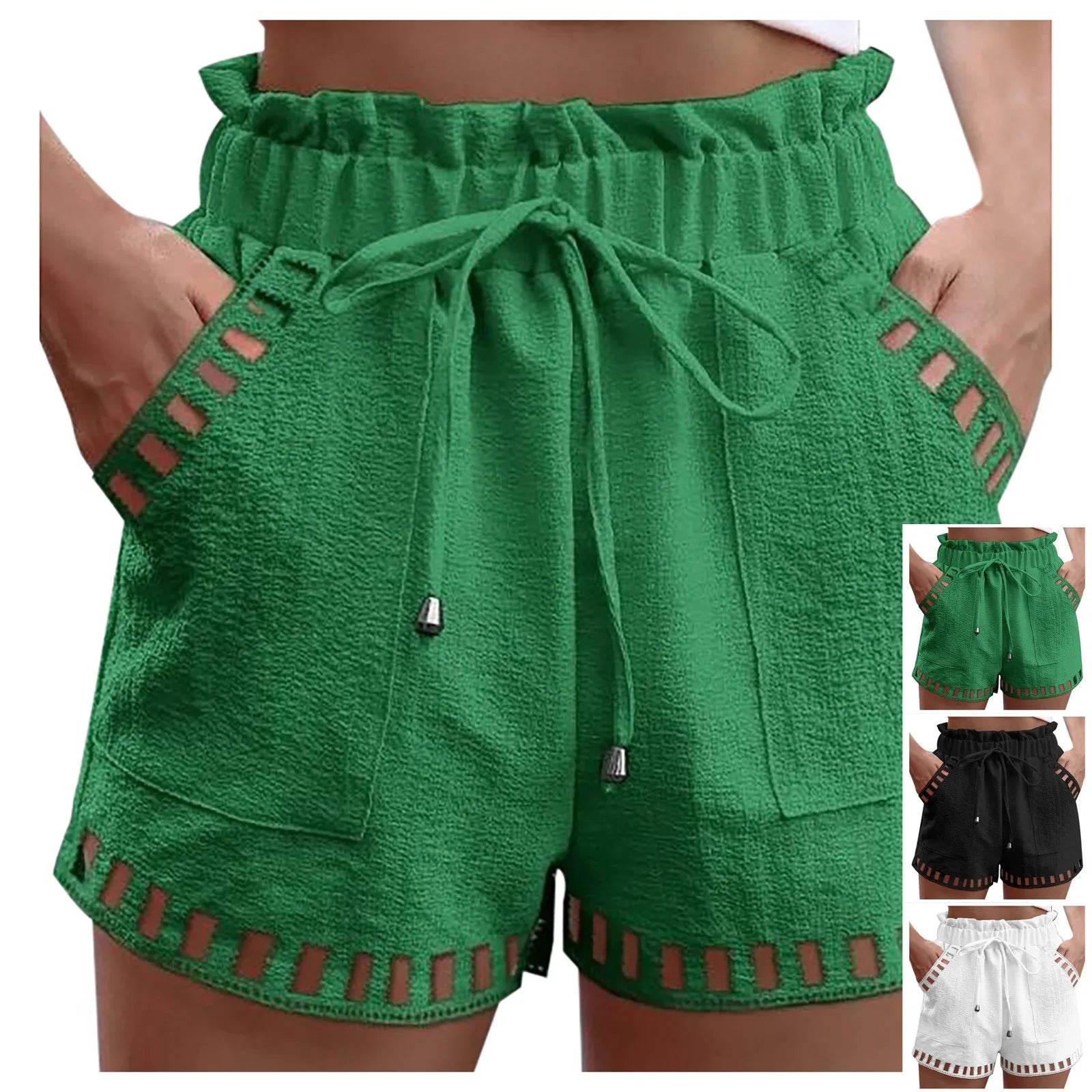 Cotton Linen Shorts Women'S Pants Solid Color Thin Hollow Out Design Trim Pocket Tight Waist Shorts Beachwear White Clothes