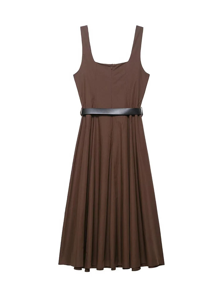 Tfmln feminino pescoço quadrado sólido com cinto a linha vestido verão novo sem mangas casual sem costas zíper vestido longo simples commuter