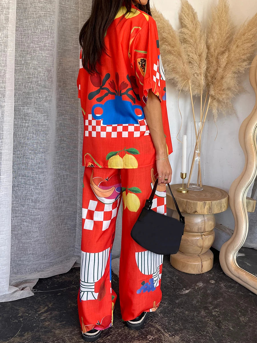 Conjunto Feminino 2 Peças Estampas Digitais Blusa Manga Curta Calças Largas - Penélope Cruz