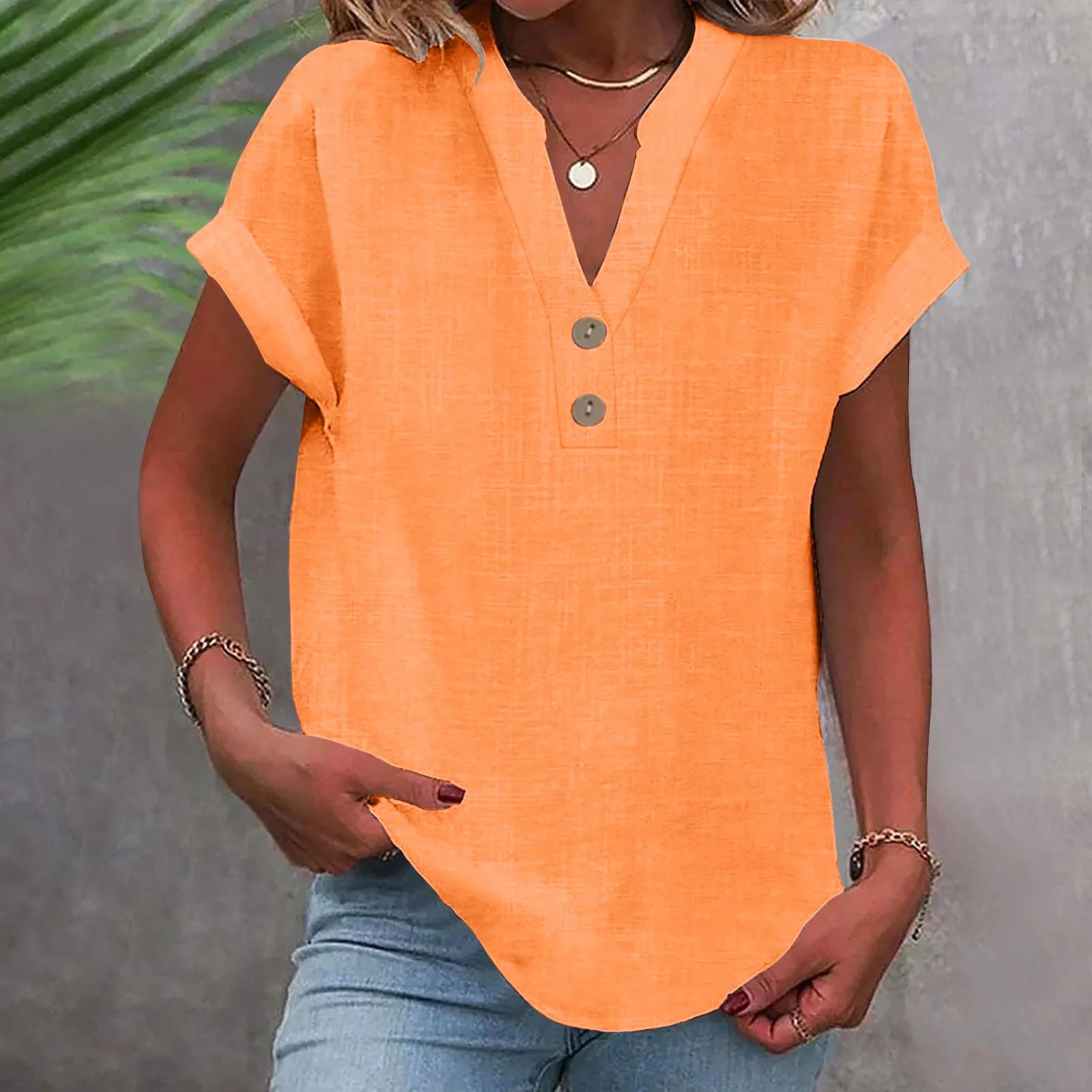 2025 Summer Cotton Linen Breathable Solid Color Button Down V-neck Shirt Basic And Versatile Casual Comfortable Lady Office Tops