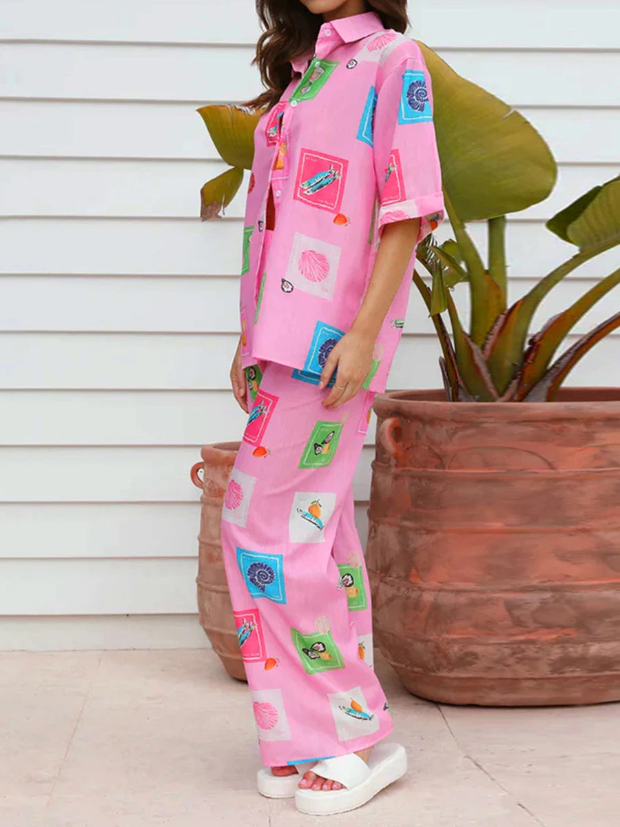 Conjunto Feminino 2 Peças Estampas Digitais Blusa Manga Curta Calças Largas - Penélope Cruz