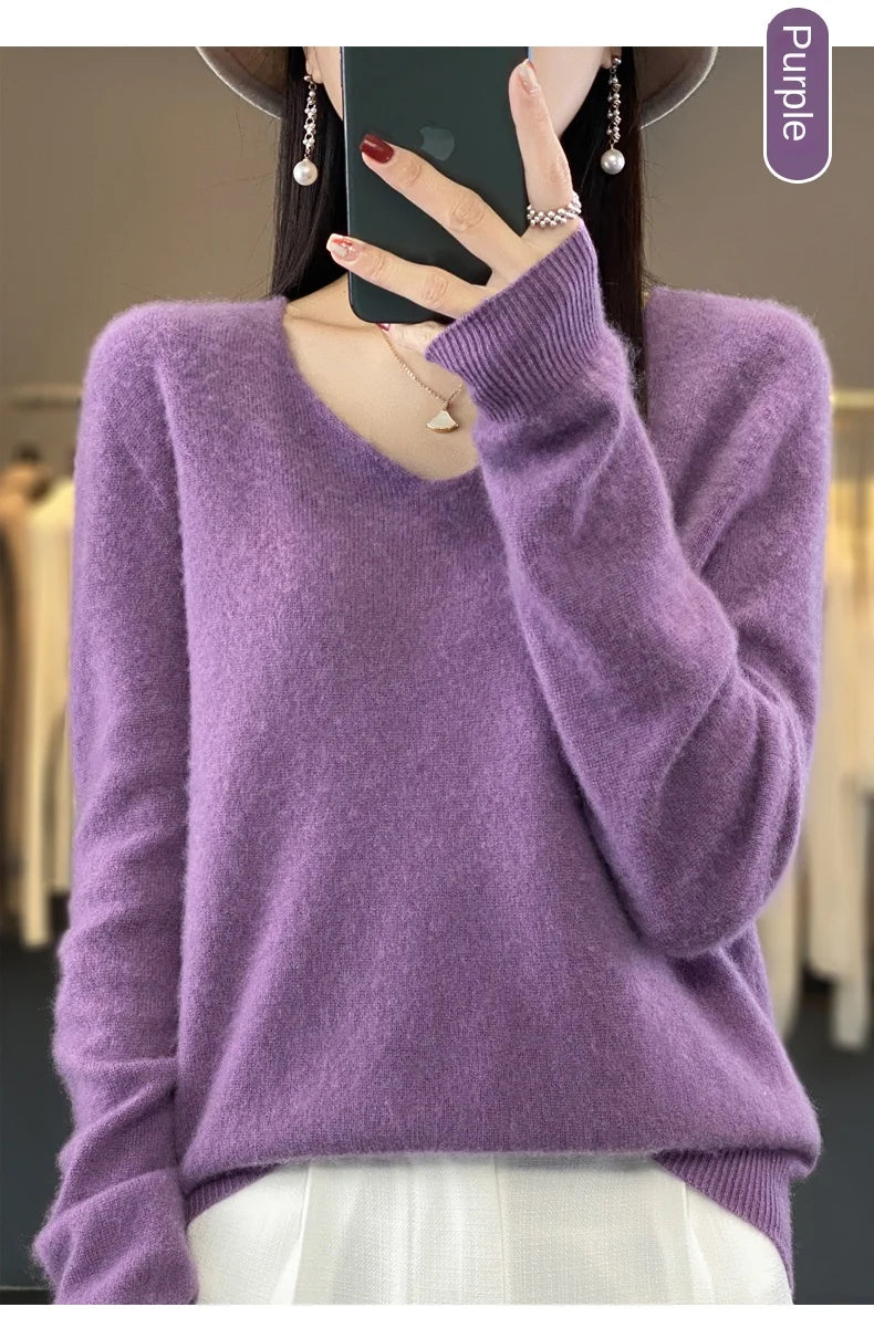 100% Merino puro lã V-neck outono e inverno pulôver, moda coreana nova camisola de caxemira macia, top quente de malha casual feminino