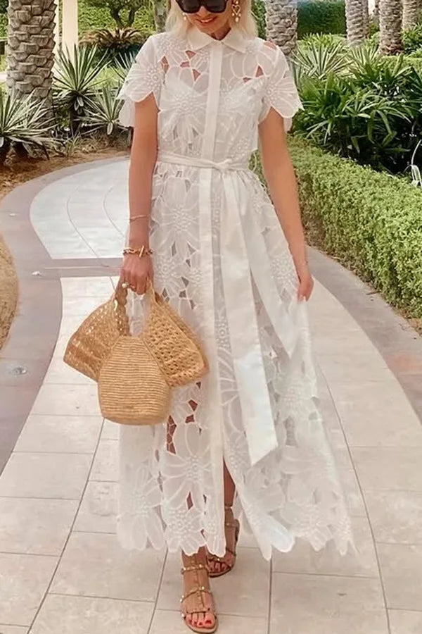 Summer Casual Solid Color Holiday Dresses Summer Women's Tie Up Lace Dress Sexy Hollow Short Sleeved Single Breasted Long Dress