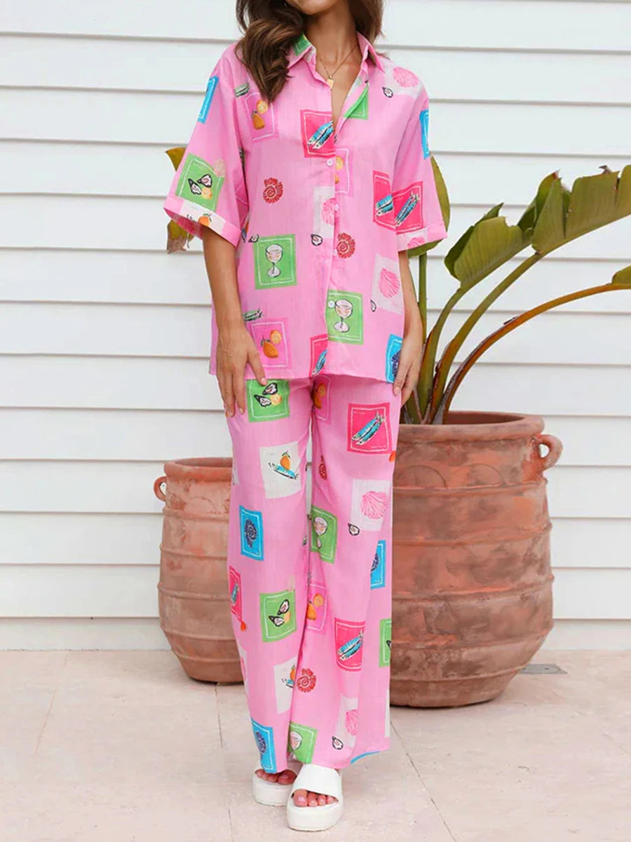 Conjunto Feminino 2 Peças Estampas Digitais Blusa Manga Curta Calças Largas - Penélope Cruz