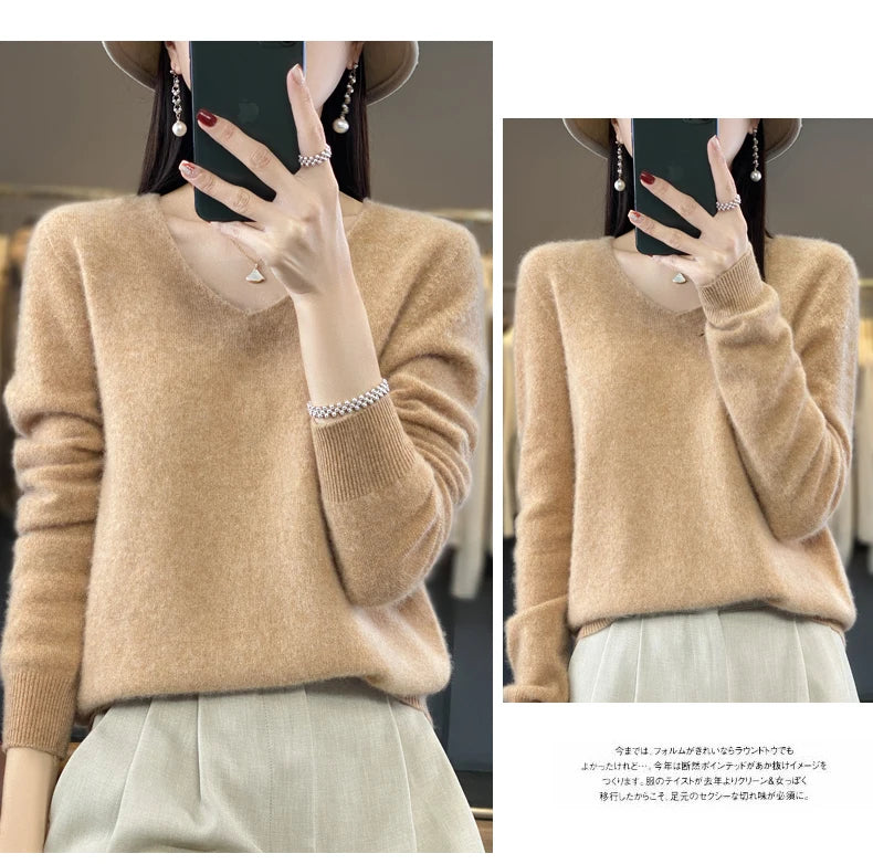 100% Merino puro lã V-neck outono e inverno pulôver, moda coreana nova camisola de caxemira macia, top quente de malha casual feminino