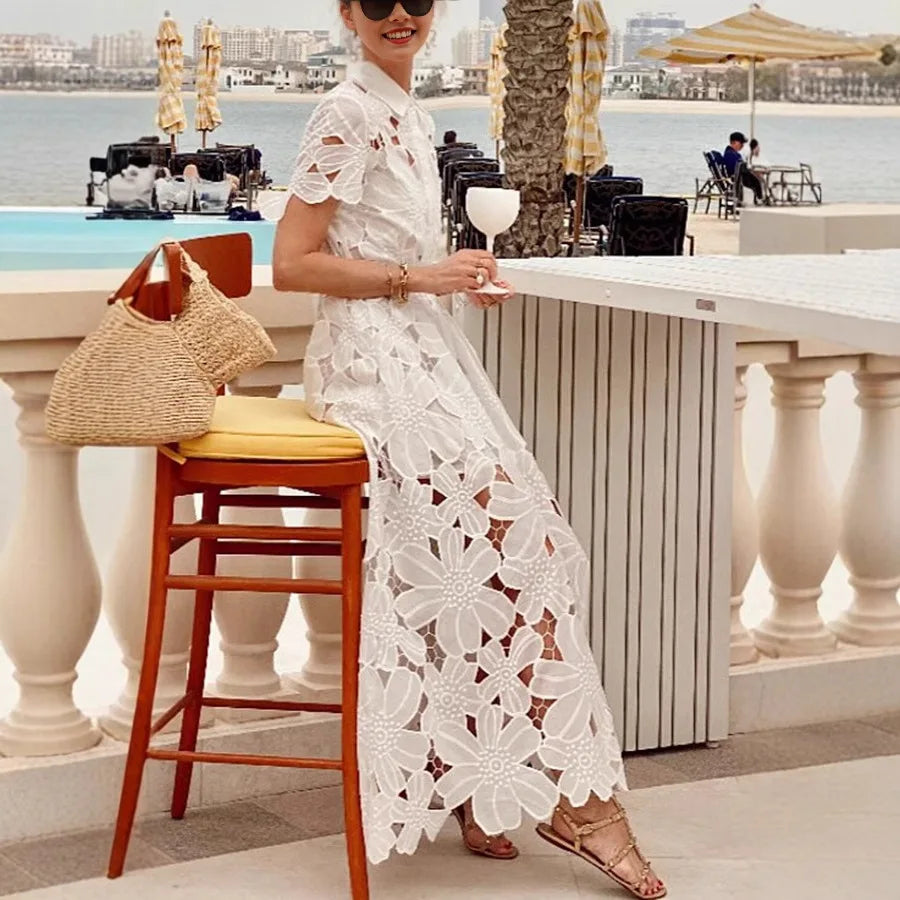 Summer Casual Solid Color Holiday Dresses Summer Women's Tie Up Lace Dress Sexy Hollow Short Sleeved Single Breasted Long Dress