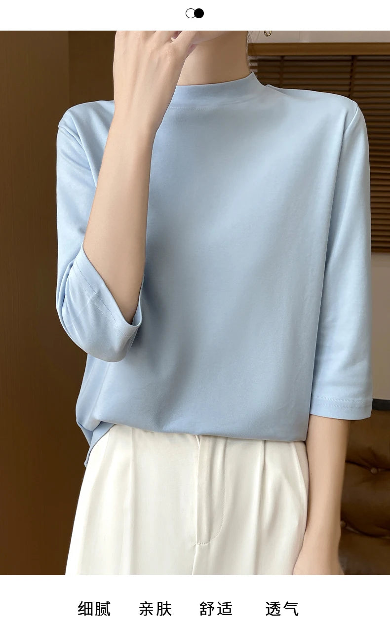 Summer And Autumn New 100% Cotton T-shirt Women's Semi-High-Necked Cropped Sleeves Loose Solid Color Bottoming Top