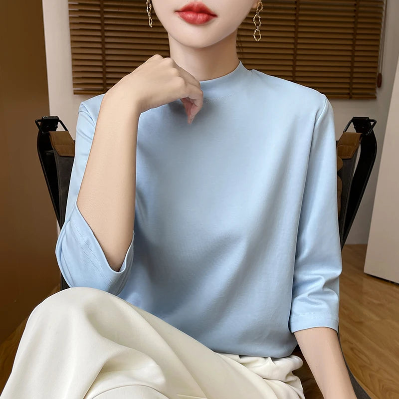 Summer And Autumn New 100% Cotton T-shirt Women's Semi-High-Necked Cropped Sleeves Loose Solid Color Bottoming Top