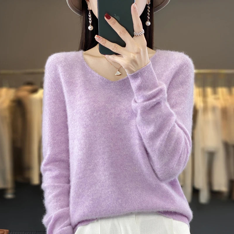 100% Merino puro lã V-neck outono e inverno pulôver, moda coreana nova camisola de caxemira macia, top quente de malha casual feminino