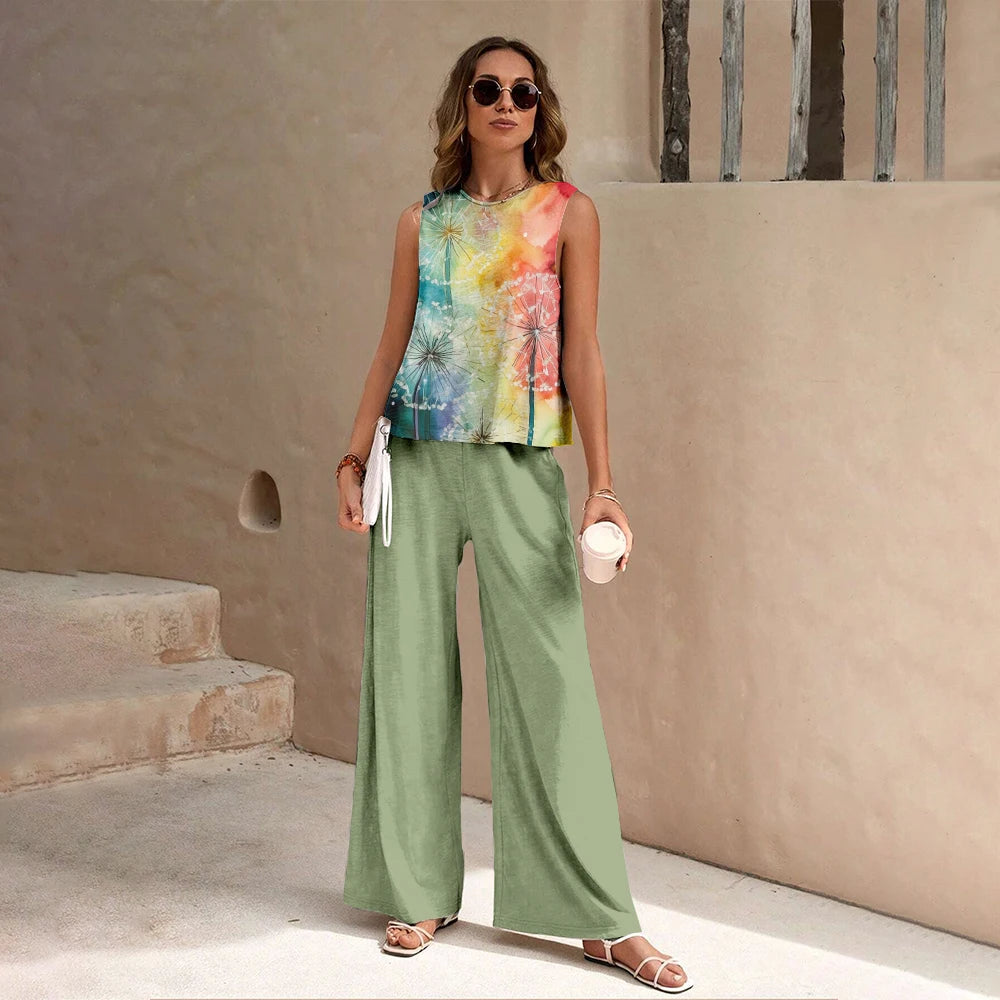 Camiseta sem mangas estampada floral feminina de verão, conjunto de calças compridas, final de semana de férias, roupas soltas de rua casuais de alta qualidade 2024
