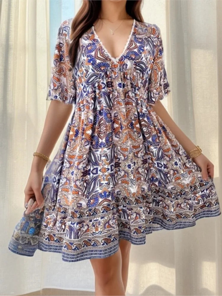 Fashion Floral Print Dress Summer Women Casual Short Sleeve V-neck A-line Loose Beach Party Holiday Dresses Female Robe Femme