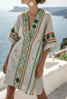 Elegant Fashion V-neck Vintage Casual loose Beach Dresses 2025 Elbow Sleeve Basic Bohemian Dress Vacation Women's Streetwear