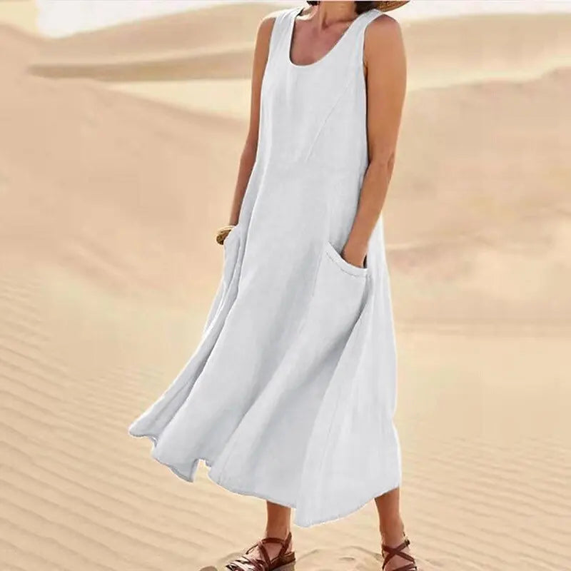 Cotton Linen Sleeveless Dress for Women Summer Pullover Skirt Vestidos Fashion Female Clothing Short Sleeved Loose Long Dressess