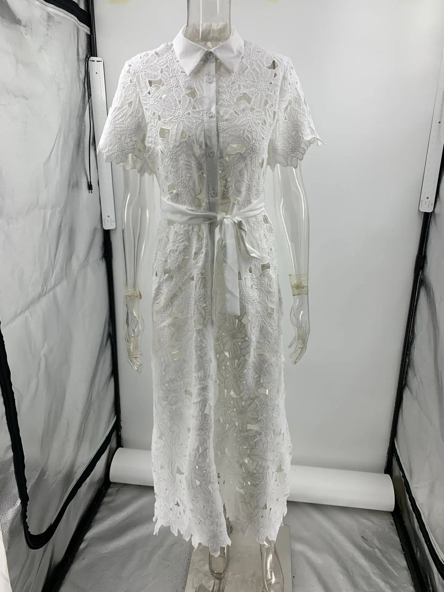 Summer Casual Solid Color Holiday Dresses Summer Women's Tie Up Lace Dress Sexy Hollow Short Sleeved Single Breasted Long Dress