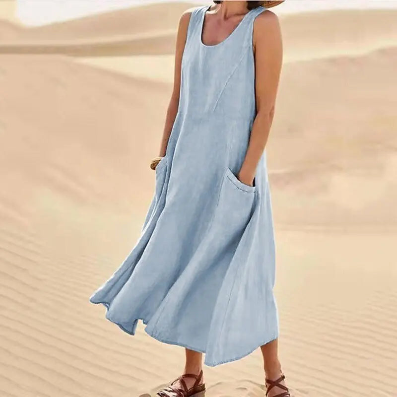 Cotton Linen Sleeveless Dress for Women Summer Pullover Skirt Vestidos Fashion Female Clothing Short Sleeved Loose Long Dressess