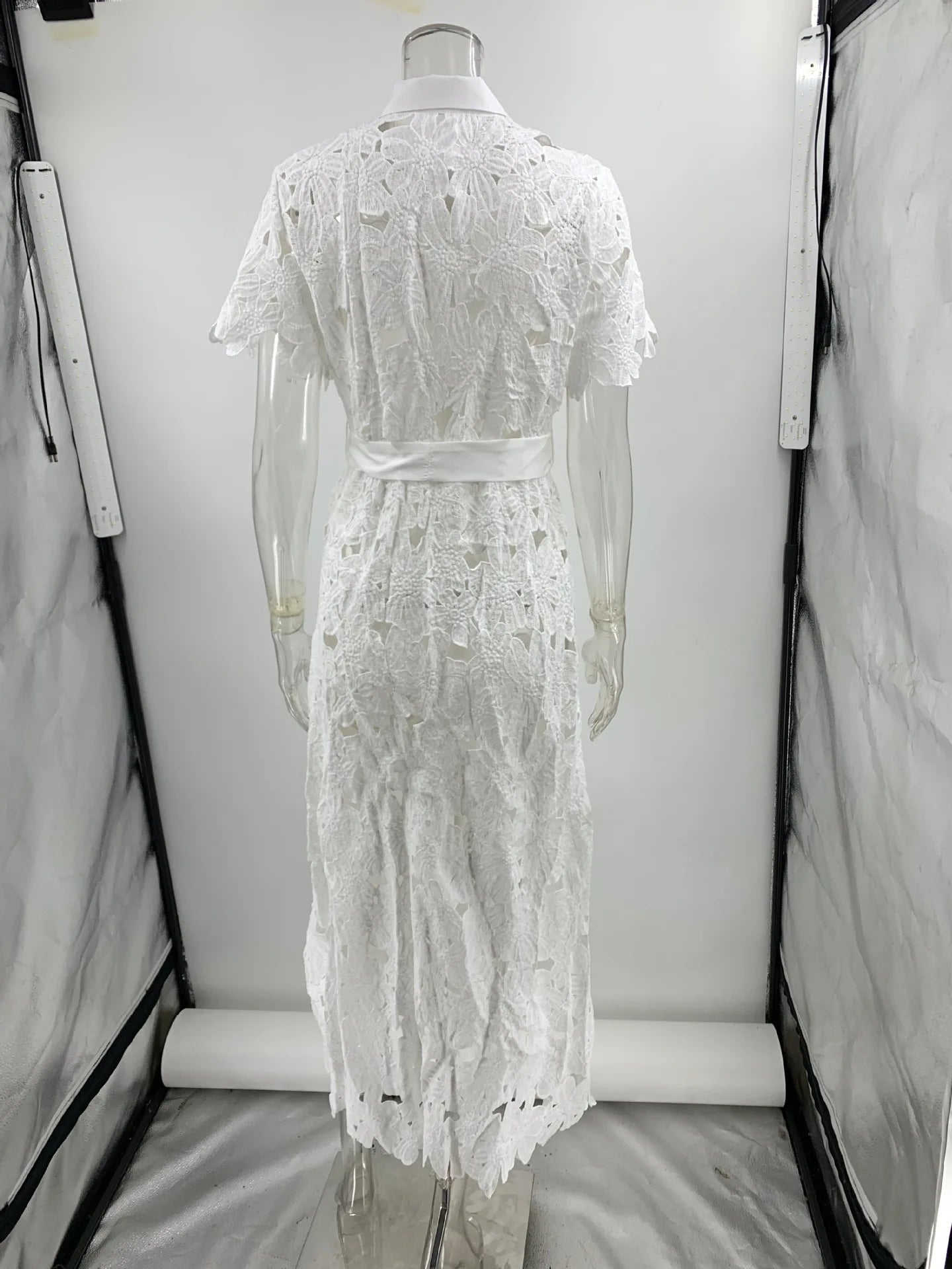 Summer Casual Solid Color Holiday Dresses Summer Women's Tie Up Lace Dress Sexy Hollow Short Sleeved Single Breasted Long Dress