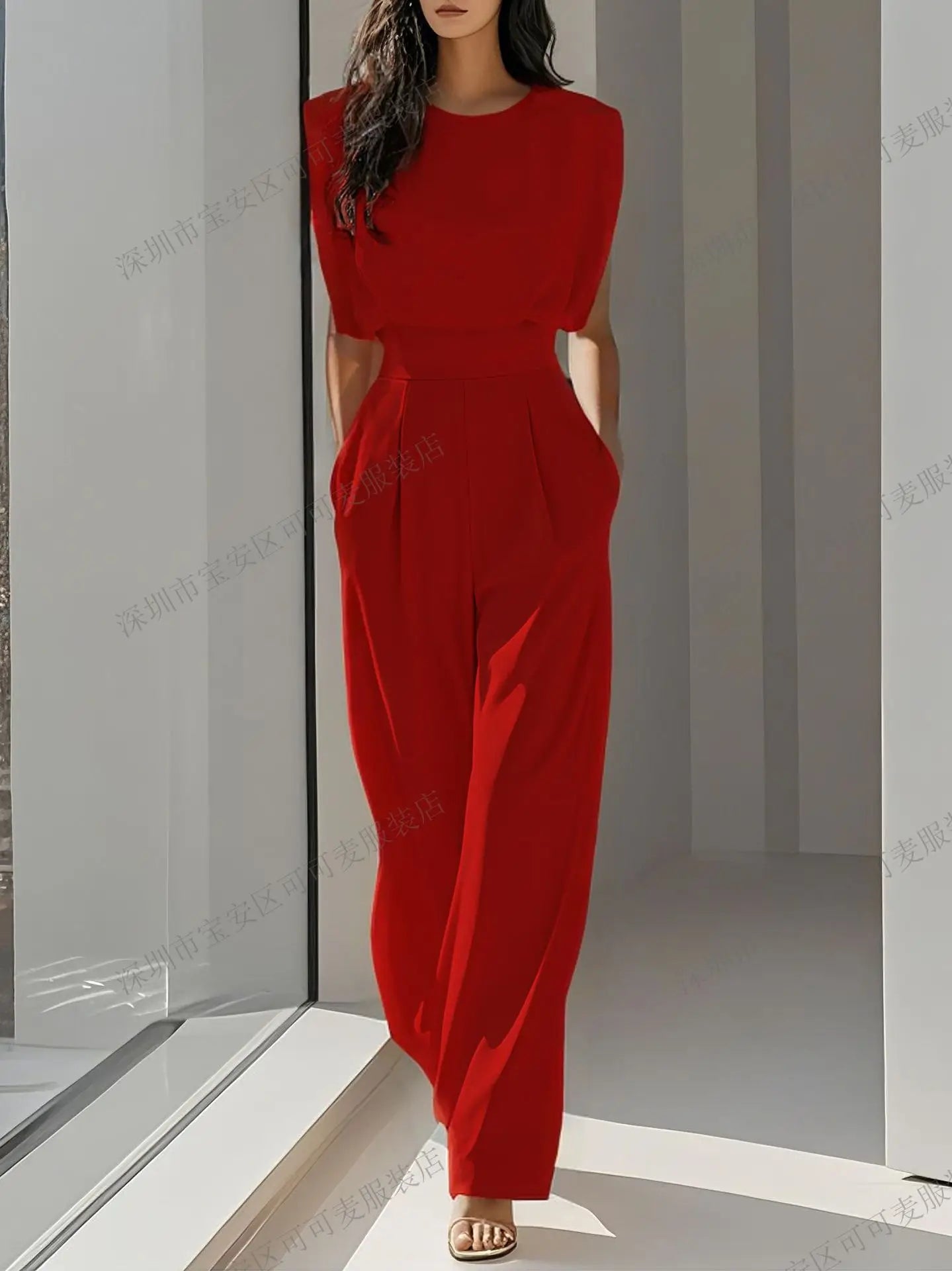 Elegant High Waisted Jumpsuit New Women's Fashion Queen Style Summer Solid Color Waistband Pocket Office Capable Jumpsuit