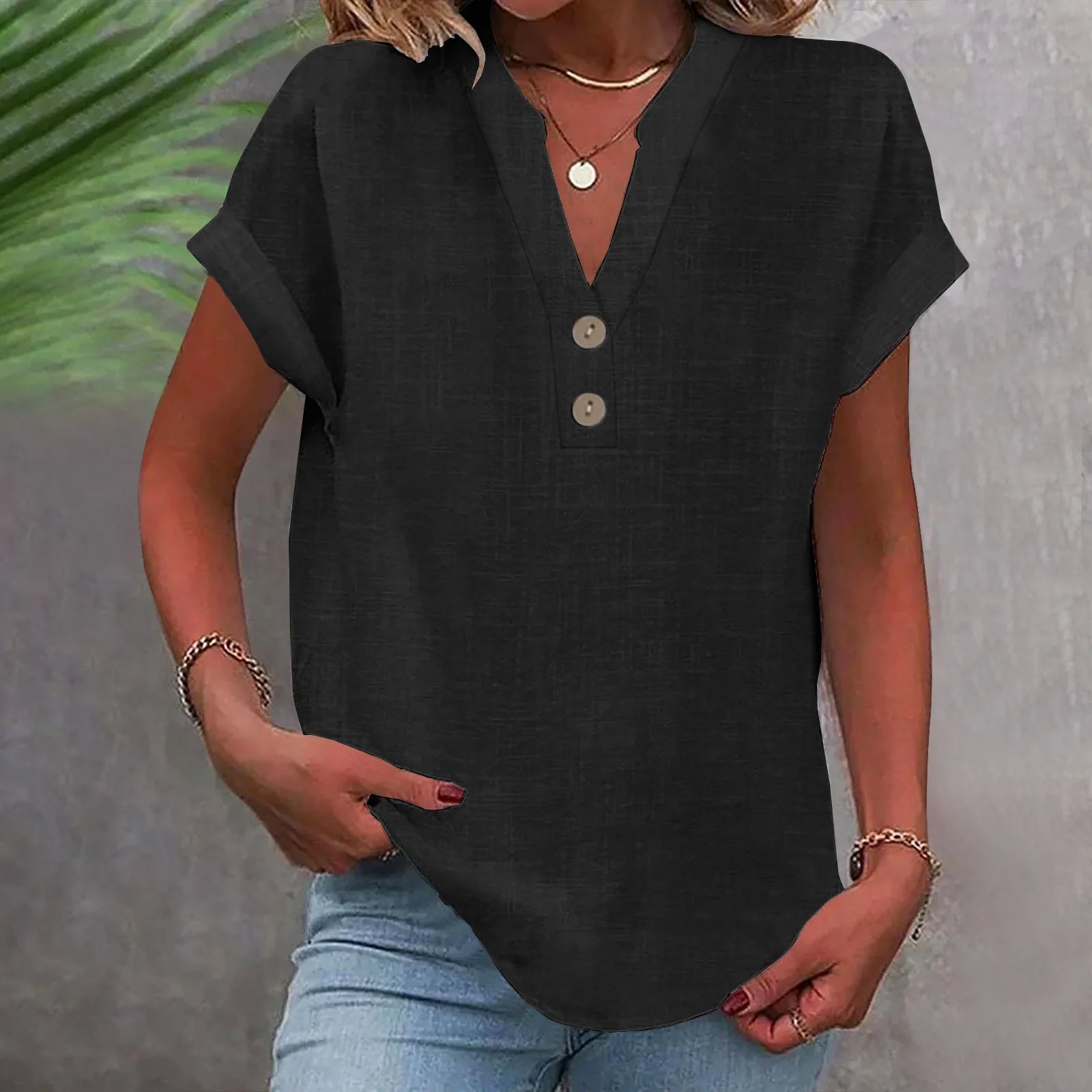 2025 Summer Cotton Linen Breathable Solid Color Button Down V-neck Shirt Basic And Versatile Casual Comfortable Lady Office Tops