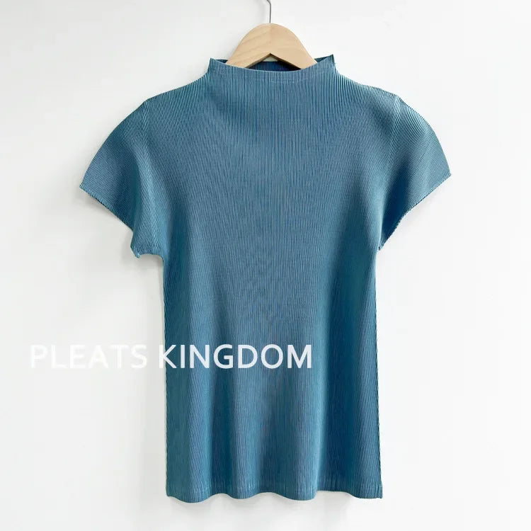 YUDX Pleated Half High Neck Profile Black T-shirts Women 2024 Summer Korean Fashion Causal Tops Designer Aesthetic Clothing