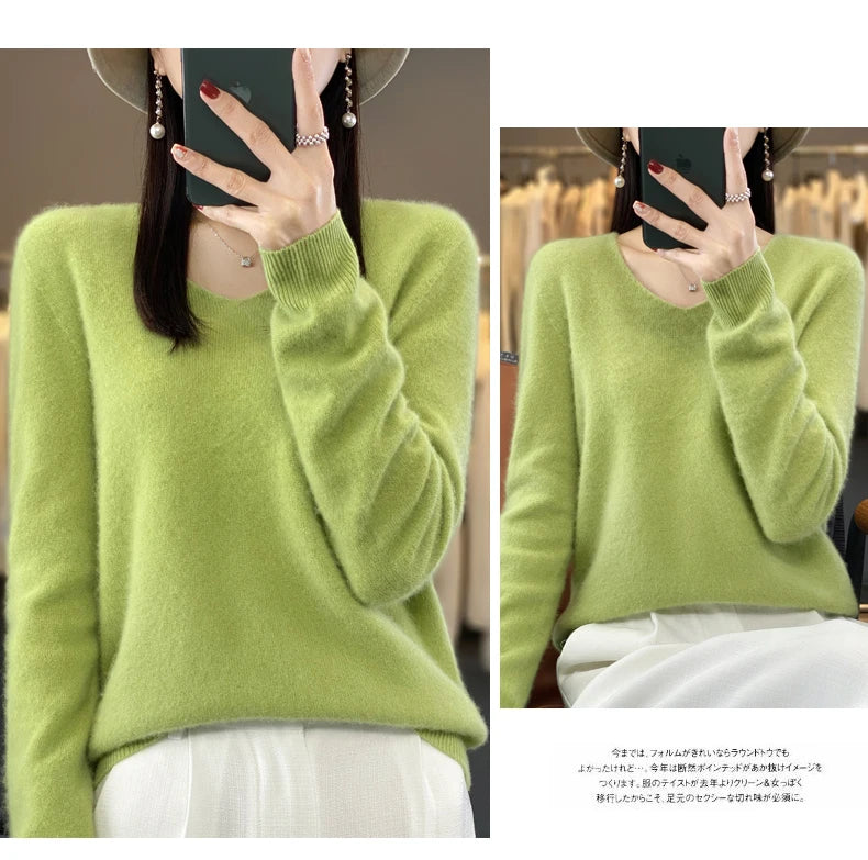 100% Merino puro lã V-neck outono e inverno pulôver, moda coreana nova camisola de caxemira macia, top quente de malha casual feminino
