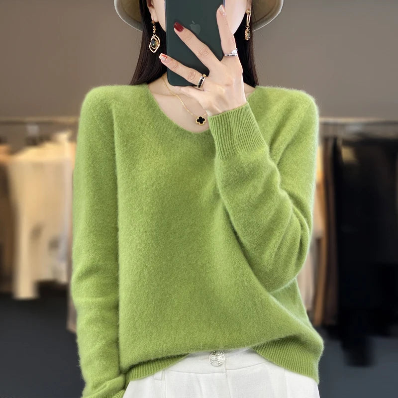 100% Merino puro lã V-neck outono e inverno pulôver, moda coreana nova camisola de caxemira macia, top quente de malha casual feminino