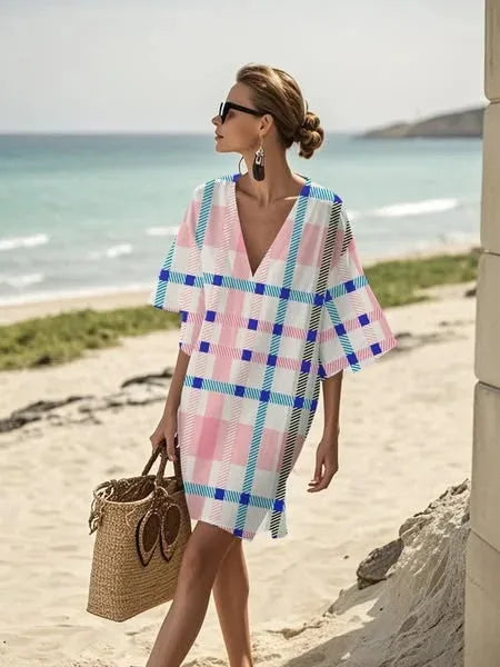 Elegant Fashion V-neck Vintage Casual loose Beach Dresses 2025 Elbow Sleeve Basic Bohemian Dress Vacation Women's Streetwear
