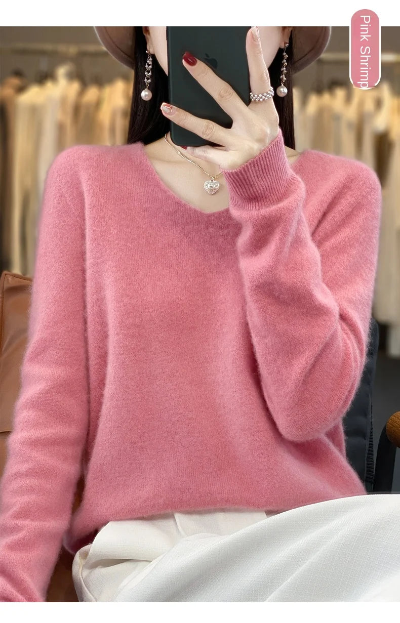 100% Merino puro lã V-neck outono e inverno pulôver, moda coreana nova camisola de caxemira macia, top quente de malha casual feminino