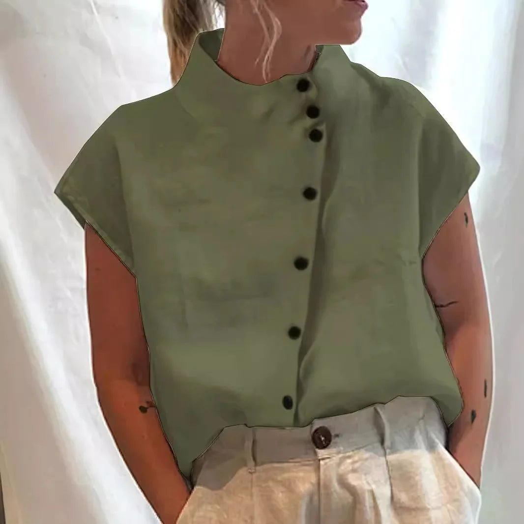 Summer Cotton Short Sleeve Blouse Women 2025 Fashion Button Stand Collar Loose Shirts And Blouses Tops Casual