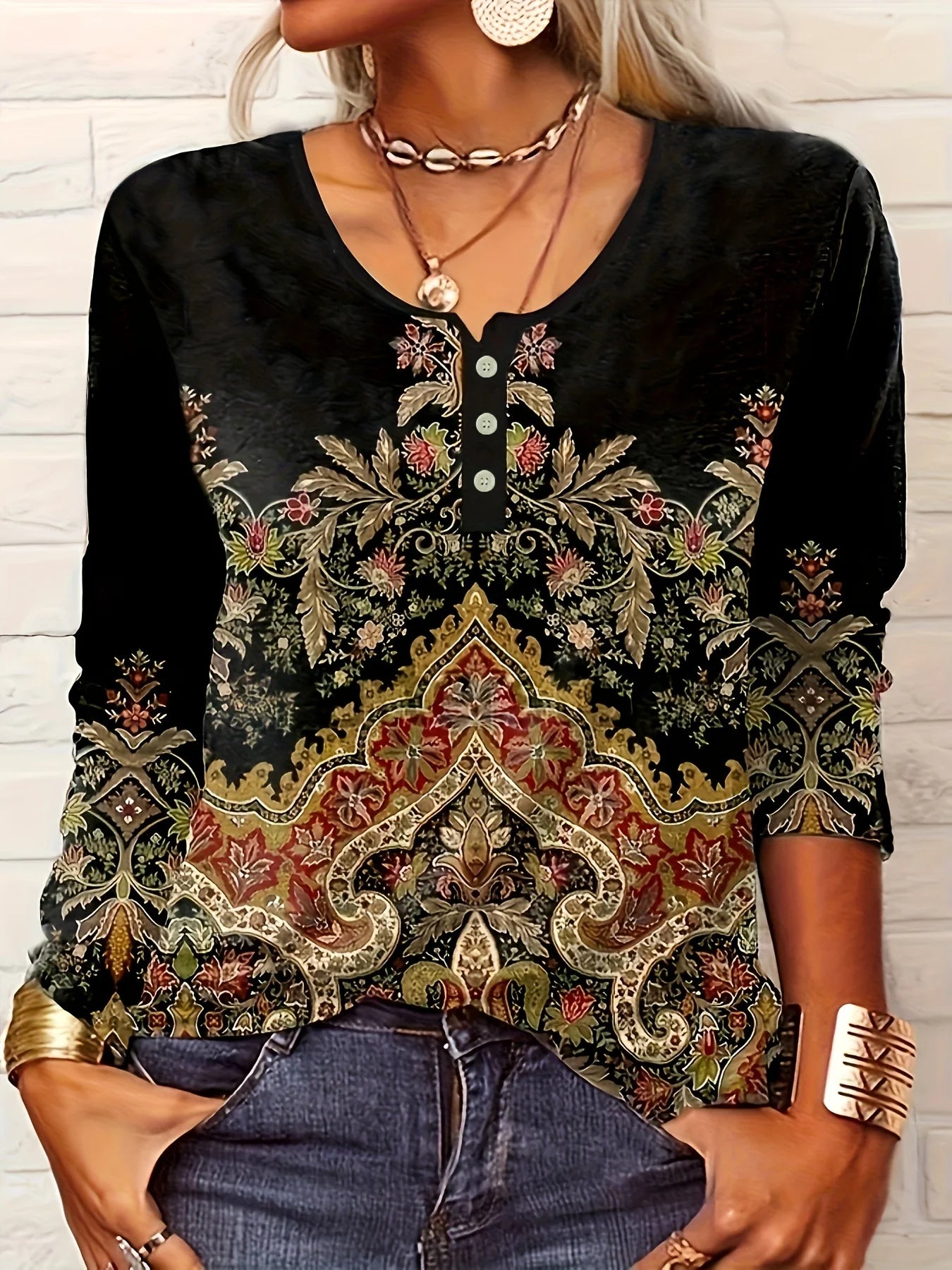 Autumn thin button ethnic print plus size women's long-sleeved T-shirt