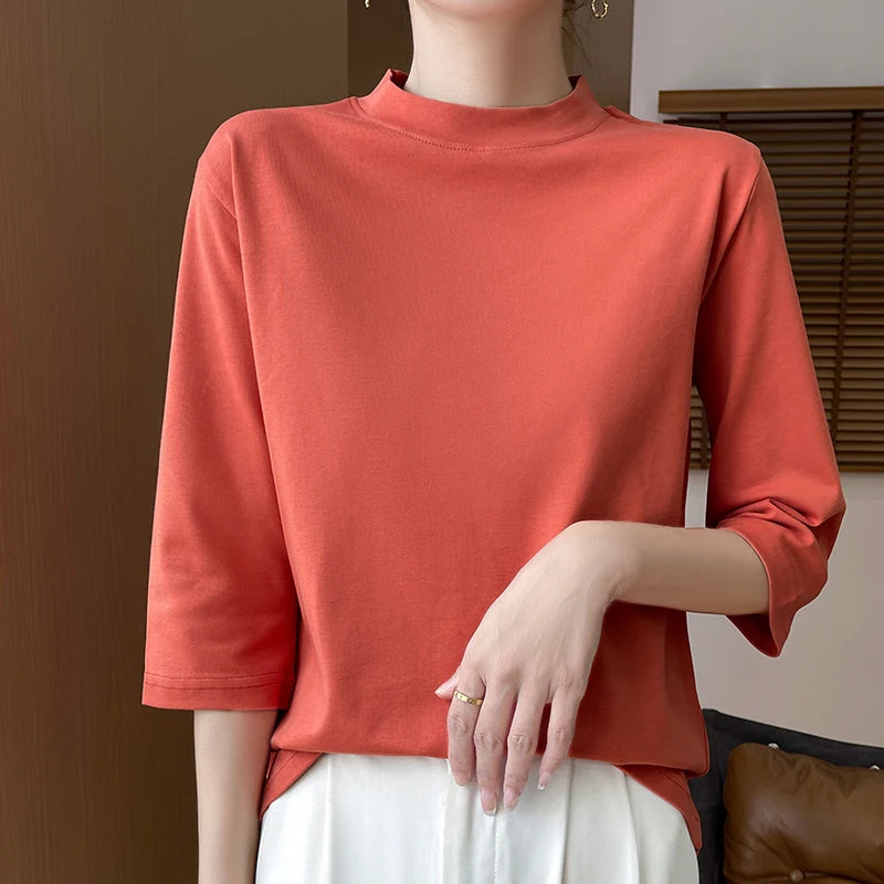Summer And Autumn New 100% Cotton T-shirt Women's Semi-High-Necked Cropped Sleeves Loose Solid Color Bottoming Top