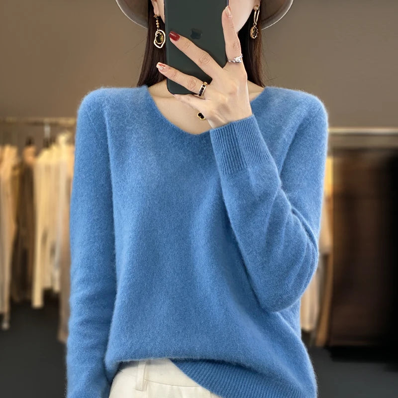 100% Merino puro lã V-neck outono e inverno pulôver, moda coreana nova camisola de caxemira macia, top quente de malha casual feminino