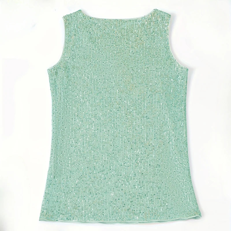 Women‘s Summer Fashion Deep V Neck Sequined Tank Top Stylish Sleeveless Polyester Top Sparkly Club Party Vest Blouses