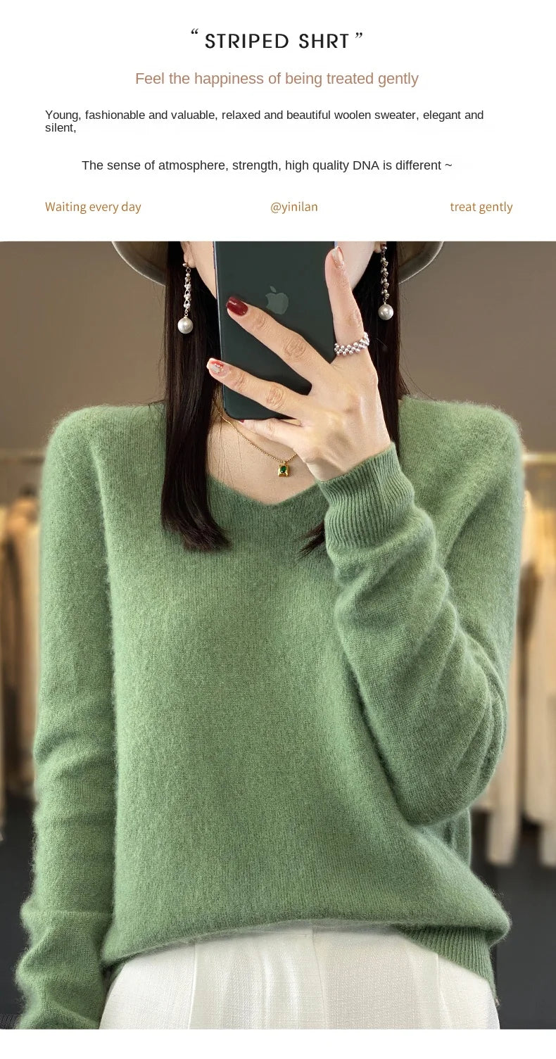 100% Merino puro lã V-neck outono e inverno pulôver, moda coreana nova camisola de caxemira macia, top quente de malha casual feminino