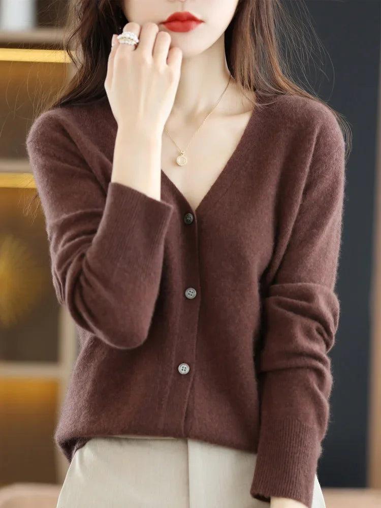 Cardigans femininos primavera outono com decote em v único breasted curto fino senhora malhas topos sólidos moda coreana suéteres