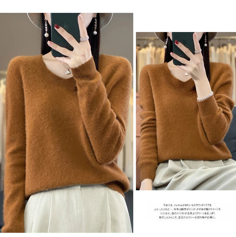 100% Merino puro lã V-neck outono e inverno pulôver, moda coreana nova camisola de caxemira macia, top quente de malha casual feminino