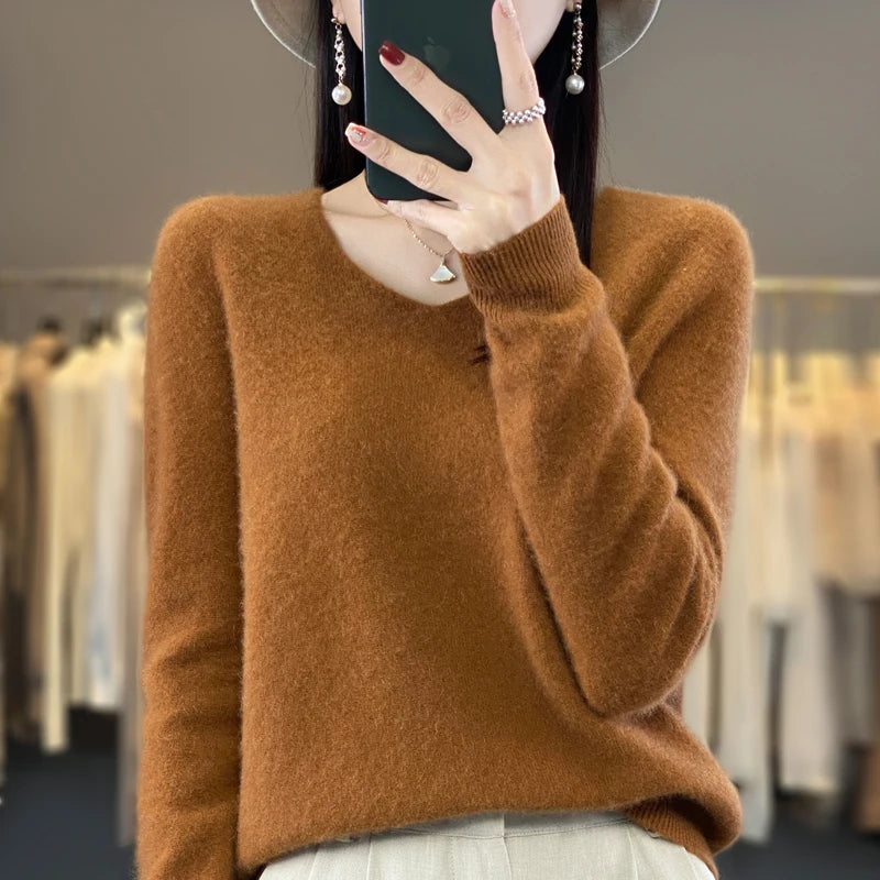100% Merino puro lã V-neck outono e inverno pulôver, moda coreana nova camisola de caxemira macia, top quente de malha casual feminino