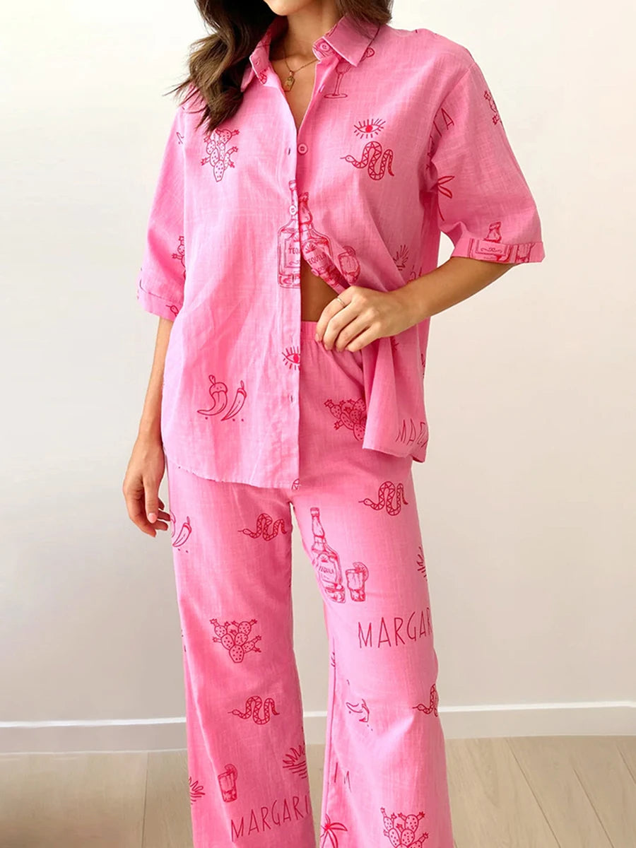 Conjunto Feminino 2 Peças Estampas Digitais Blusa Manga Curta Calças Largas - Penélope Cruz