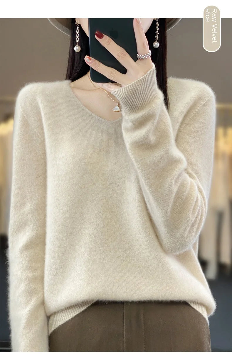 100% Merino puro lã V-neck outono e inverno pulôver, moda coreana nova camisola de caxemira macia, top quente de malha casual feminino